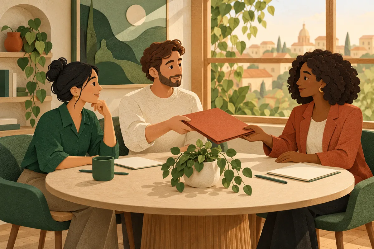 Illustration of three colleagues sharing a work folder